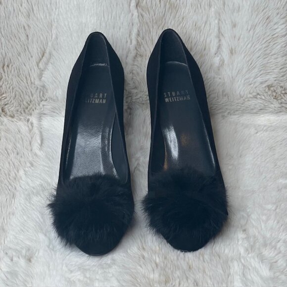 Stuart Weitzman Black Suede Pom-Pom Pumps Size 5M - Picture 2 of 10